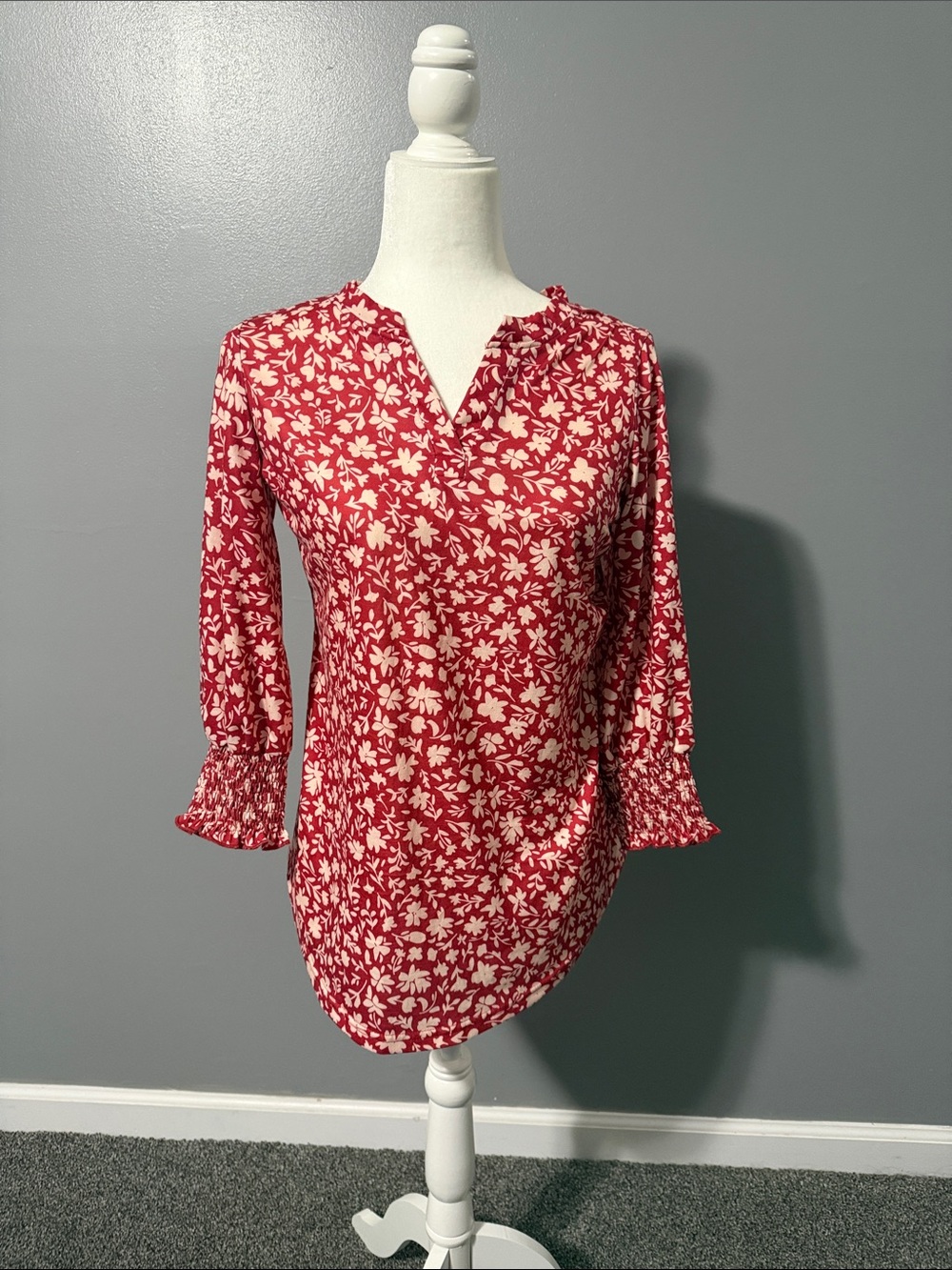 Red Floral Split-Neck Women's Top